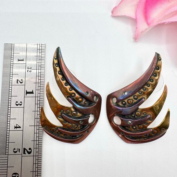 Artisan Flame Wing Earrings Handmade Heat Patina Burning Man Edgy Avant Garde - Picture 10 of 13